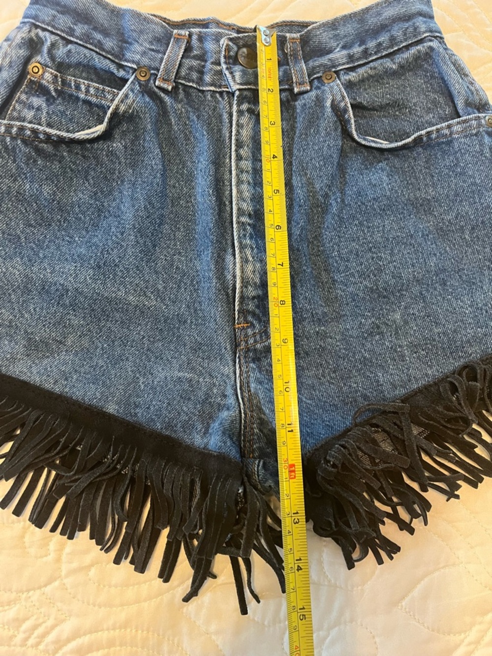 VINTAGE CHIC Boho Denim with Black Fringe High-Waist Shorts - Picture 10 of 11